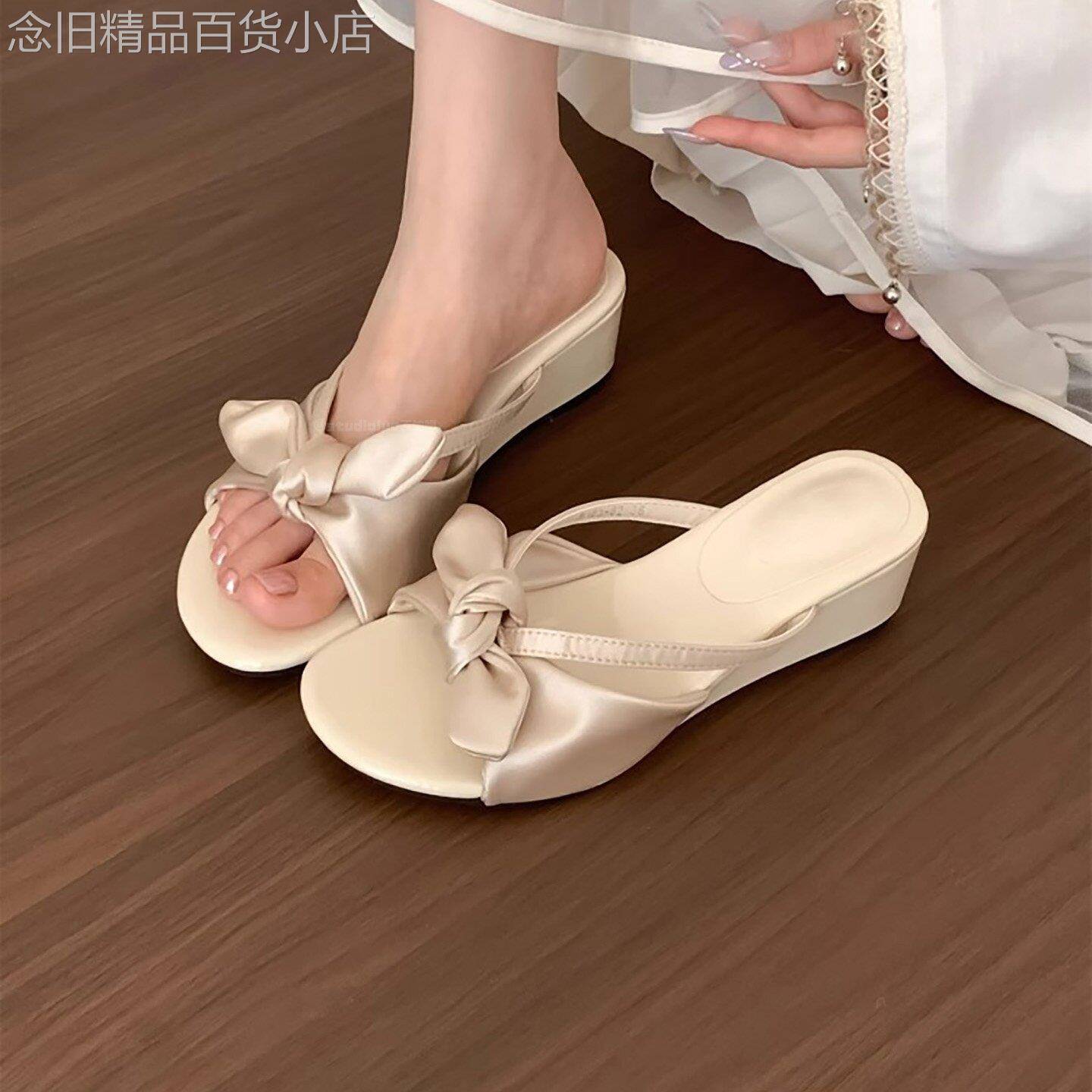 港风法式蝴蝶结厚底拖鞋女2026夏季新款配裙子时尚不累脚坡跟凉鞋
