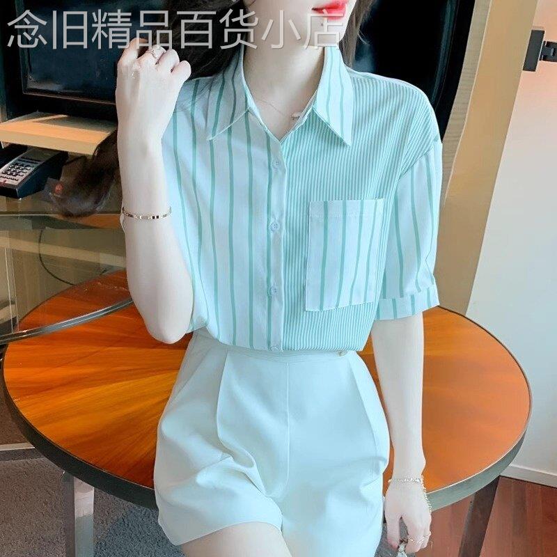 高端不规则撞色短袖衬衫女夏季2026年新款透气设计感条纹雪纺上衣