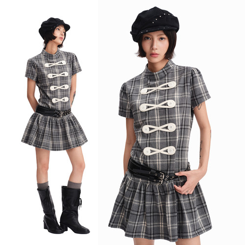 Oink oink 拿破仑格子泡泡袖立领百褶连衣裙女夏收腰直身连衣裙