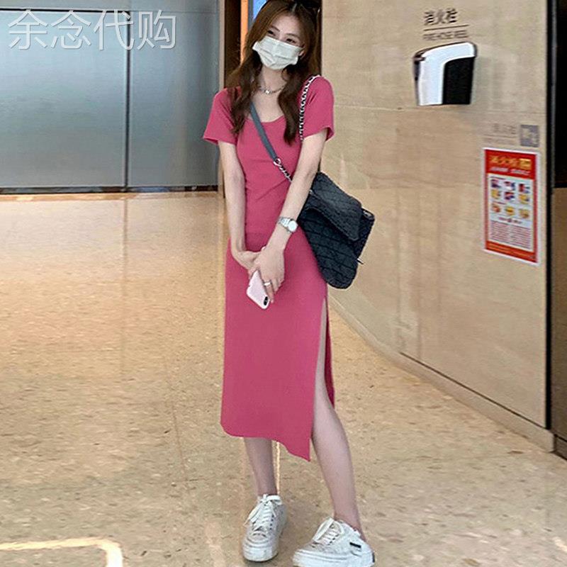 粉色方领洋装女夏季欧货气质修身显瘦开 叉包臀裙网红爆款T恤裙
