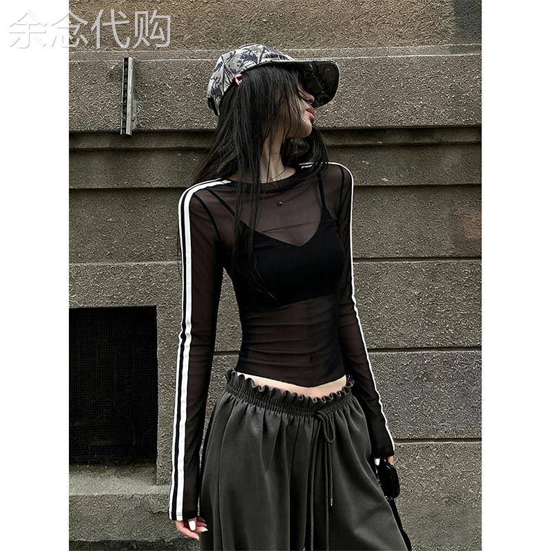 黑色修身长袖T恤女夏季欧货美式辣妹风透视网纱防晒罩衫性感上衣