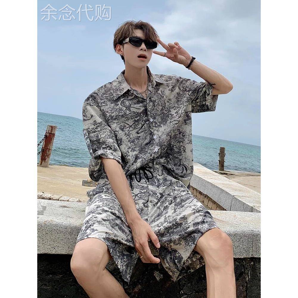轻奢香港风格休闲运动套装男士夏季新款豹纹设计大尺寸衬衫及短裤