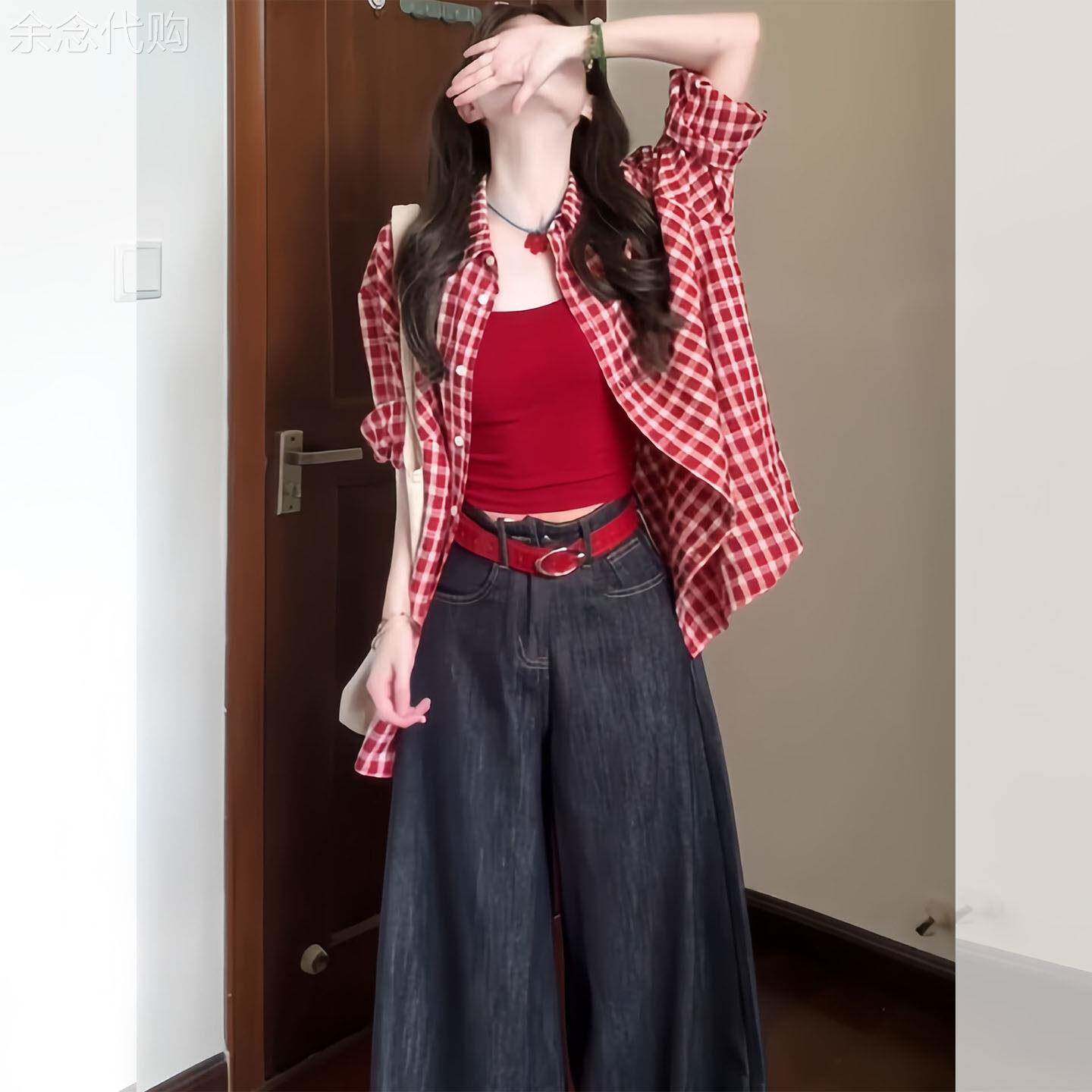 早秋季韩系红色格子防晒长袖衬衫衬衣女2026新款多巴胺绝美上衣