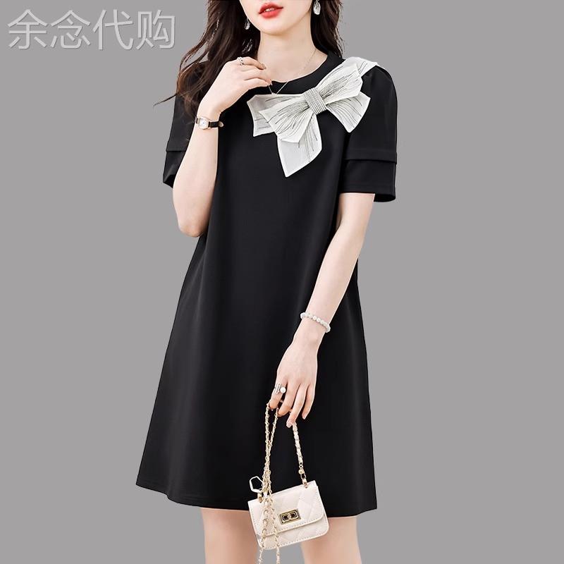 法式黑色短袖t恤连衣裙女士夏季新款时尚大码宽松蝴蝶结直筒裙子