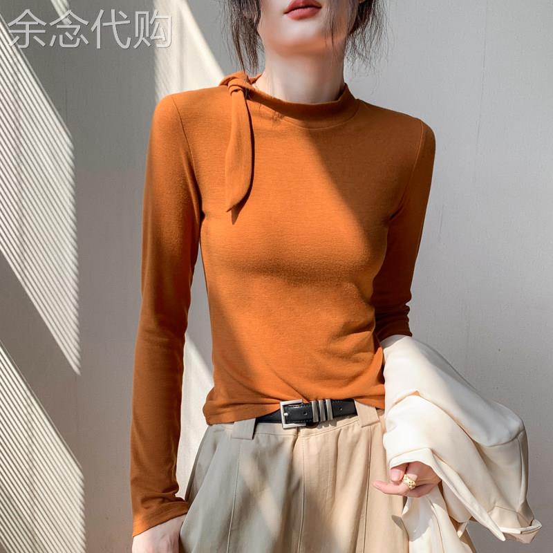 飘带领长袖T恤女2026新款入秋韩系穿搭南瓜橘修身上衣打底衫内搭