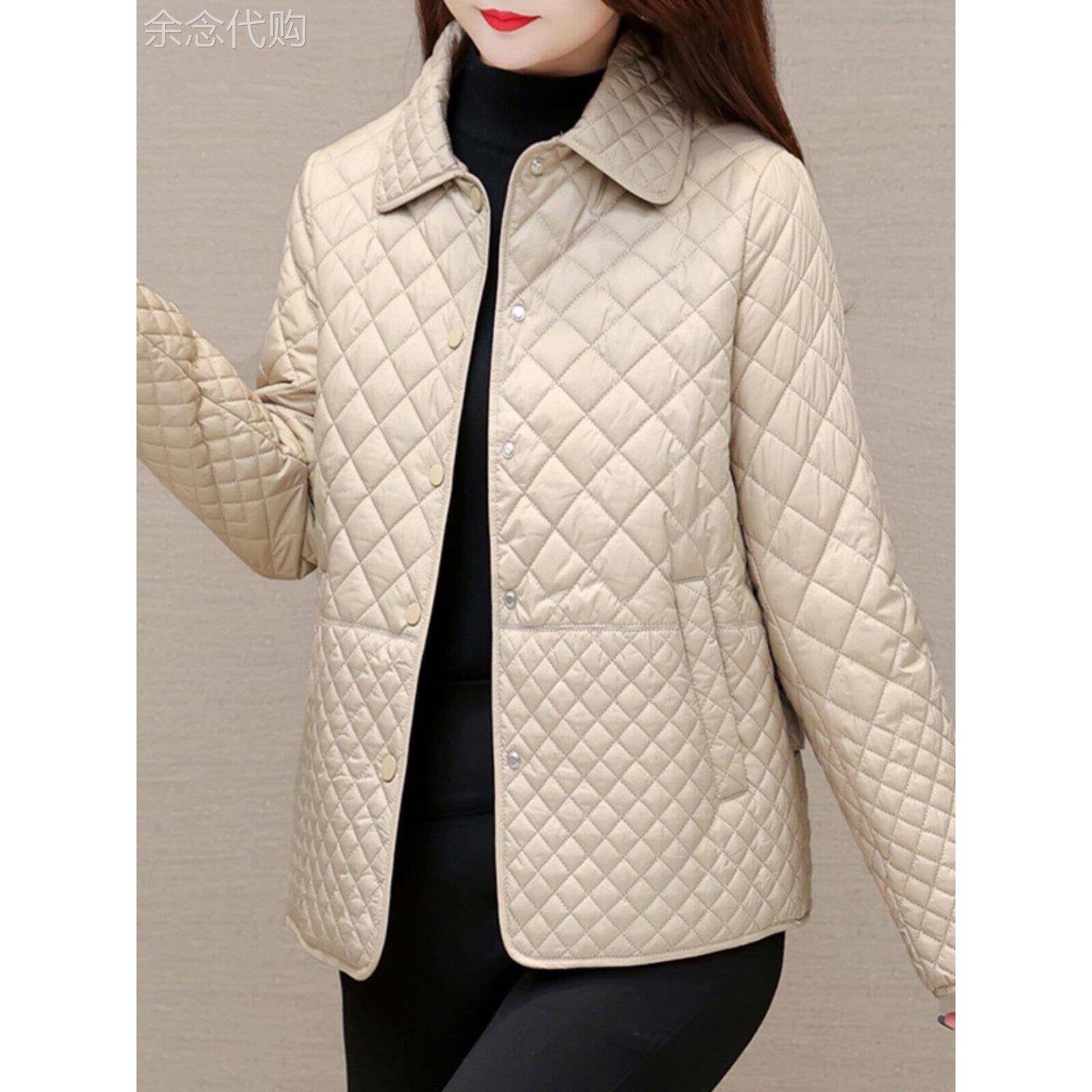 韩国气质轻薄高端棉服女2025春秋新款时尚修身翻领菱形格棉衣外套