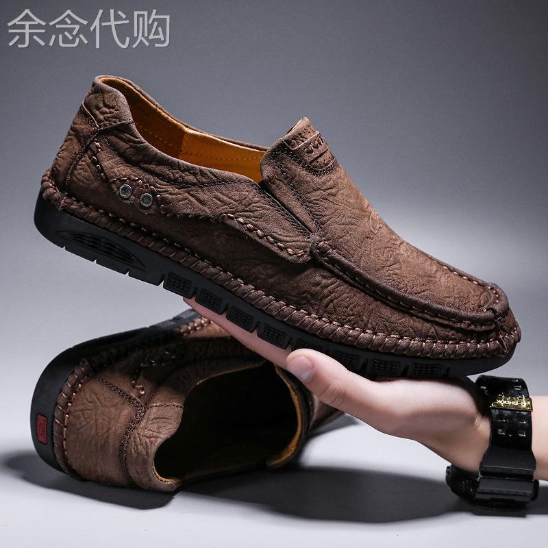 IT ins头层牛皮休闲鞋男透气复古磨砂车缝线鞋底防滑一脚蹬套脚鞋