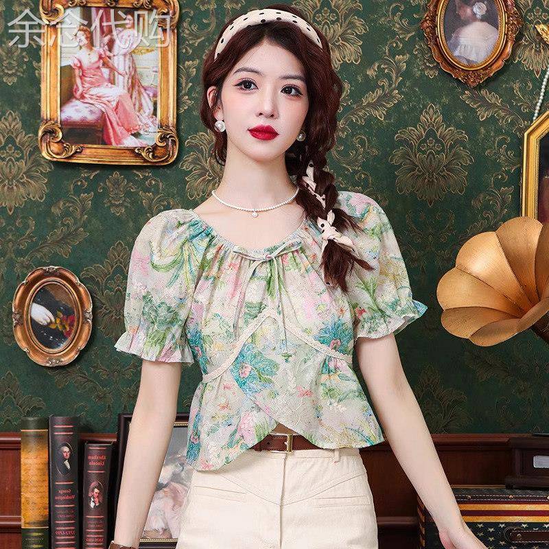 法式碎花雪纺衬衫女短袖夏季薄款2026新款减龄洋气小衫泡泡袖上衣