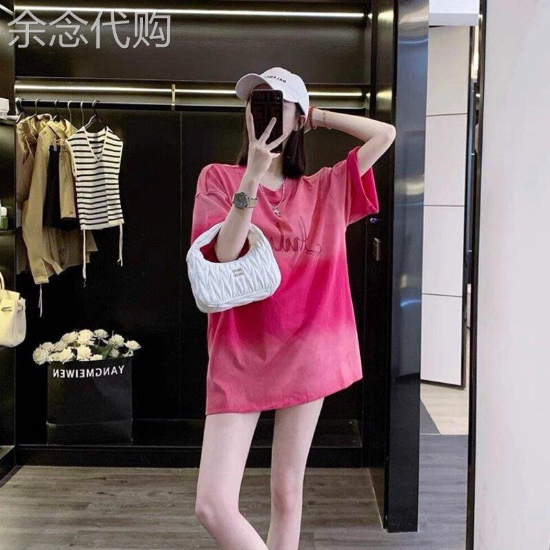 潮牌玫红色短袖女t恤中长版夏季欧货大版遮屁股上衣服设计感小众