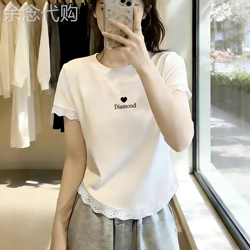 不规则拼接蕾丝下摆短袖t恤女纯棉夏装新款显瘦小个子百搭上衣潮