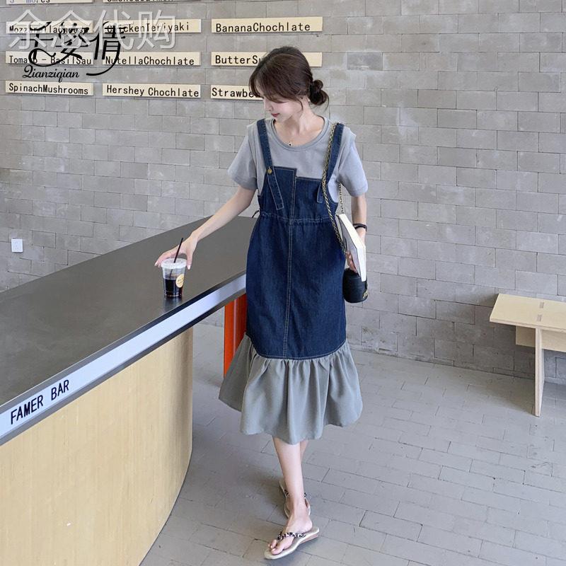 法式鱼尾连衣裙女夏季高腰背带荷叶边拼接 假两件设计感韩版通勤