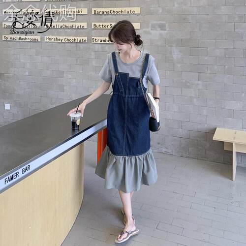法式鱼尾连衣裙女夏季高腰背带荷叶边拼接 假两件设计感韩版通勤