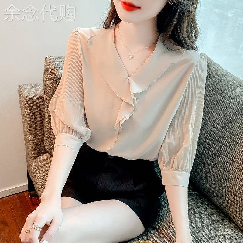 荷叶边V领雪纺衫女短袖2026年夏季新款时尚衬衫洋派质泡泡袖上衣