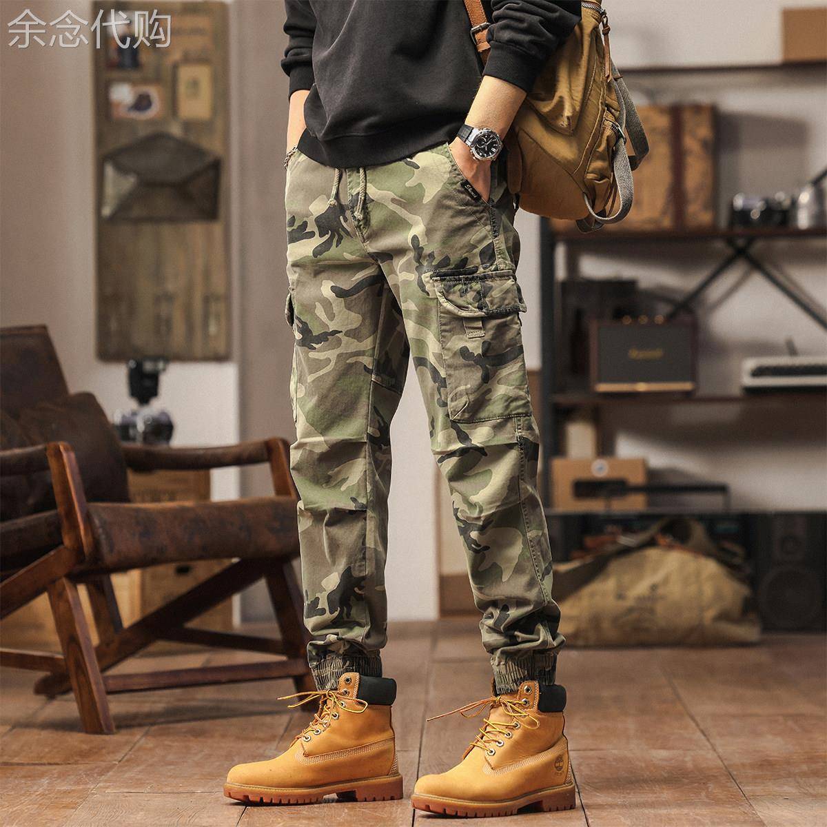 经典迷彩工装裤男美式户外宽松束脚裤多口袋机能风耐磨休闲长裤子