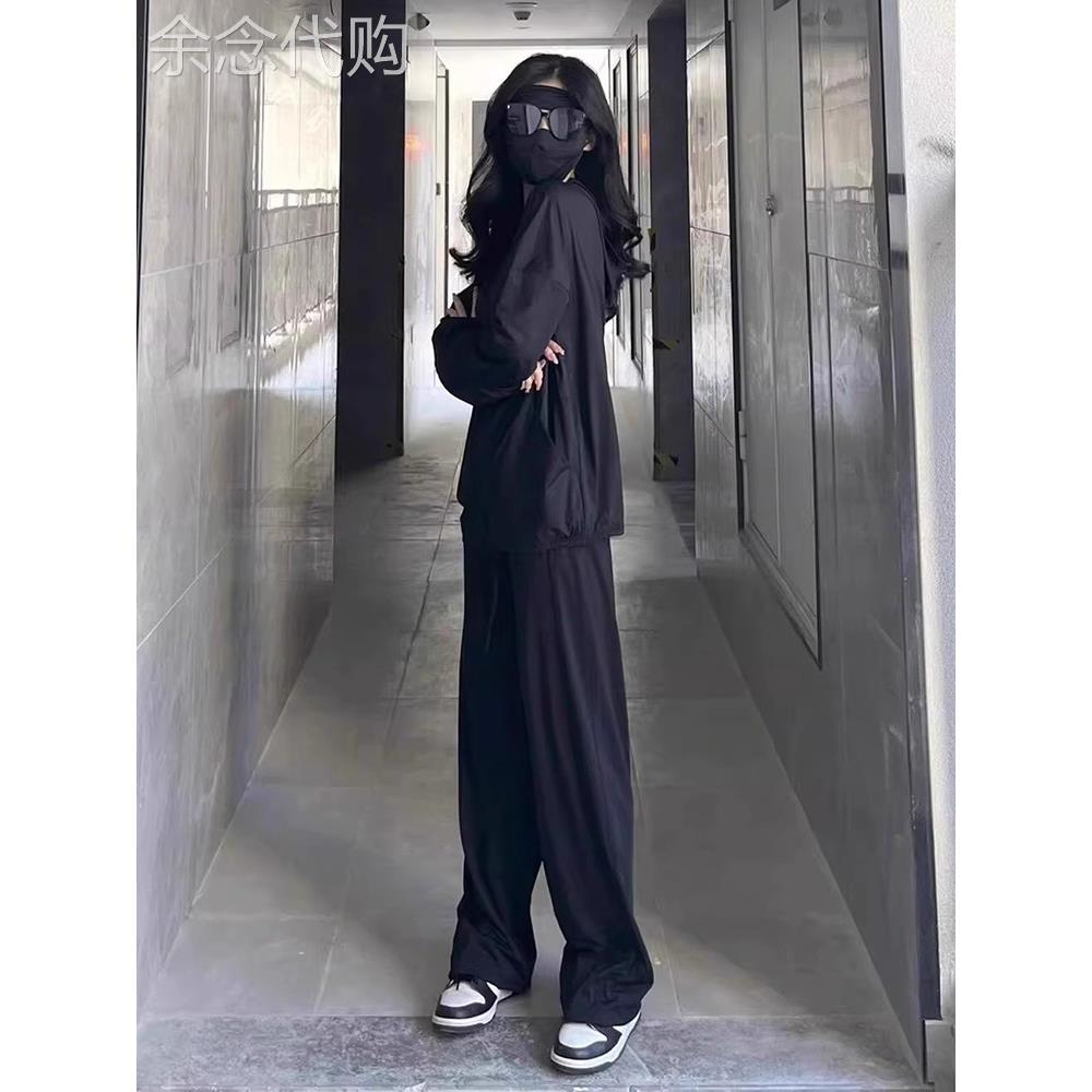 休闲运动服套装女夏季防紫外线户外透气轻薄黑色冰丝防晒衣两件套