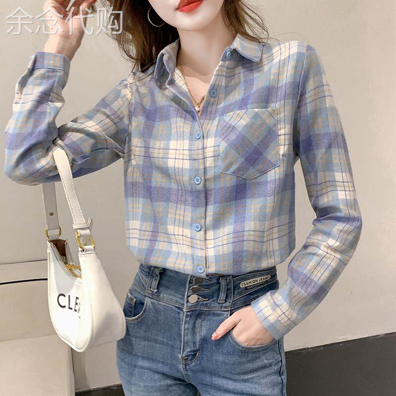 潮牌韩版宽松格子休闲衬衫女秋季2026年新款时尚复古蓝色长袖上衣