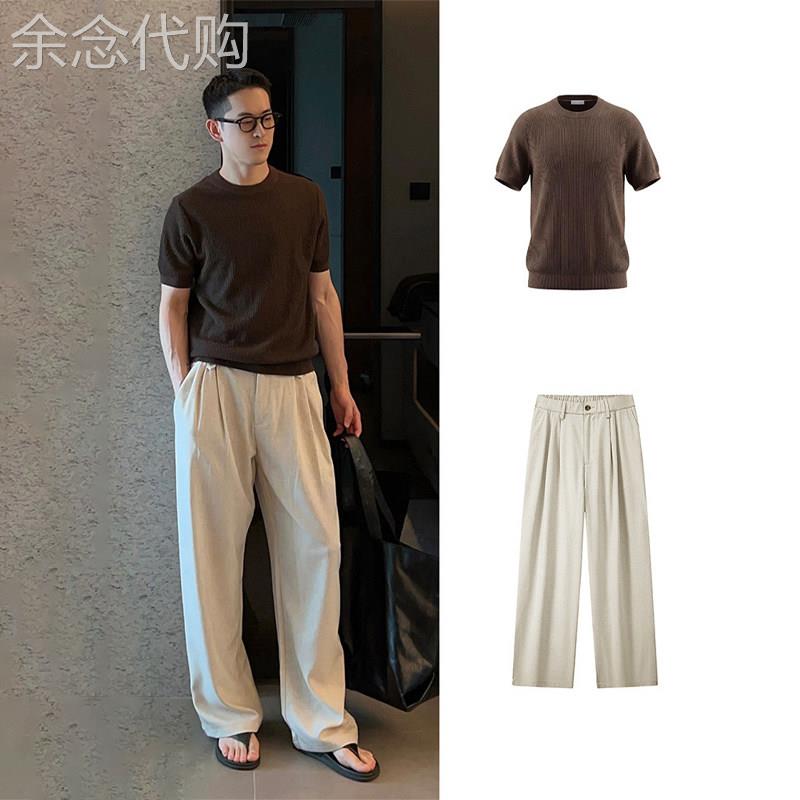 轻奢高端老钱风针织短袖T恤搭配亚麻裤子男夏季日系穿搭一整套装