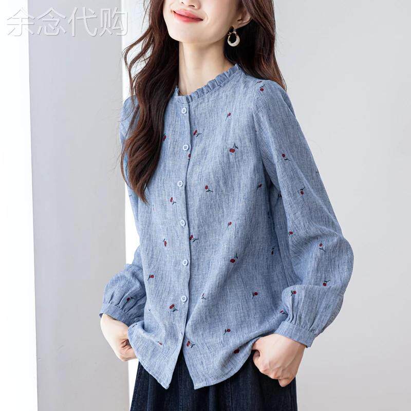 蓝色亚麻长袖衬衫女春秋2026新款时尚减龄洋气宽松显瘦衬衣女上衣
