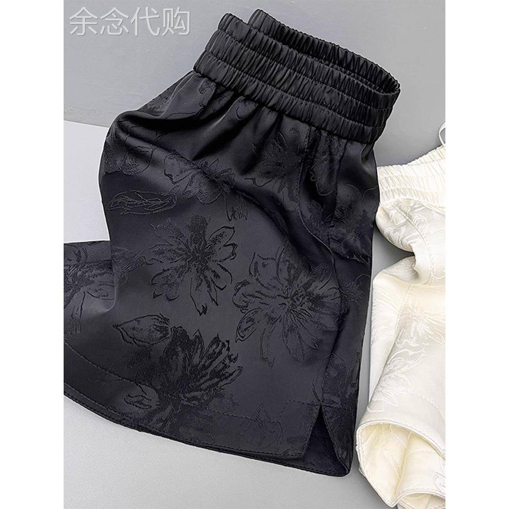 新中式提花缎面短裤女2025夏季新款大码胖MM宽松显瘦开叉阔腿热裤