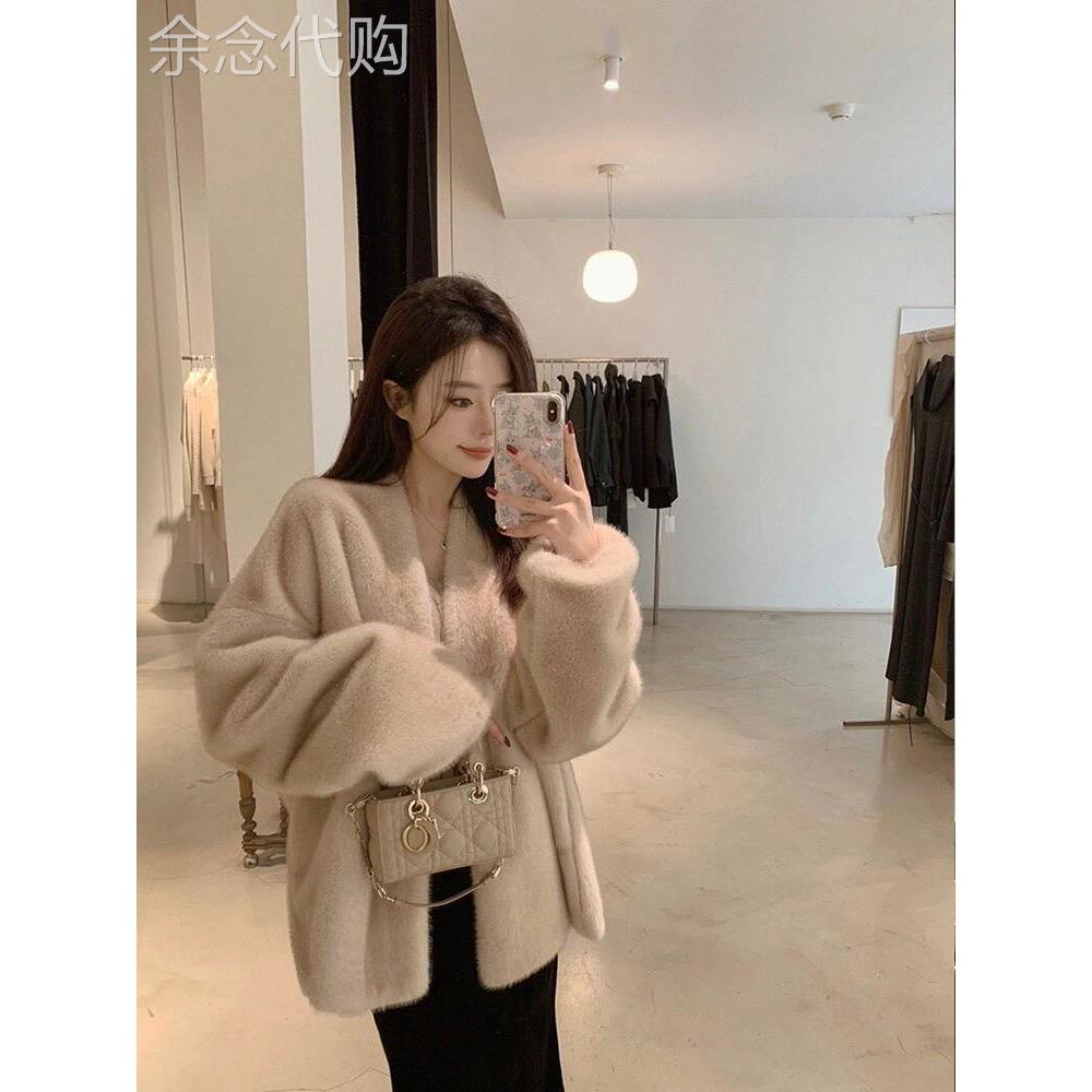 欧洲站2025新款V领开衫皮羊毛一体百搭皮草水貂绒毛毛外套女短款