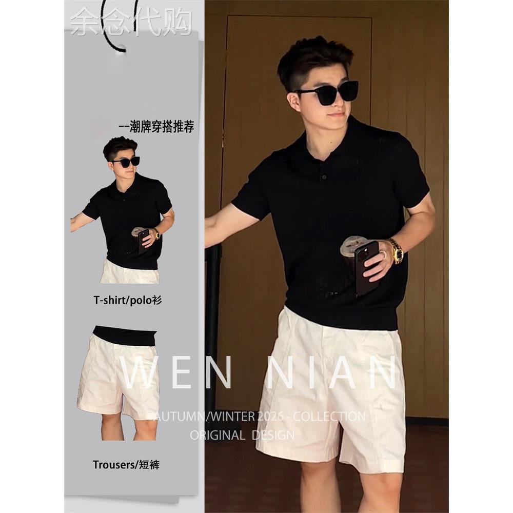 韩国WEN NIAN亨利领针织短袖polo衫男2026夏季老钱风亚麻短裤套装