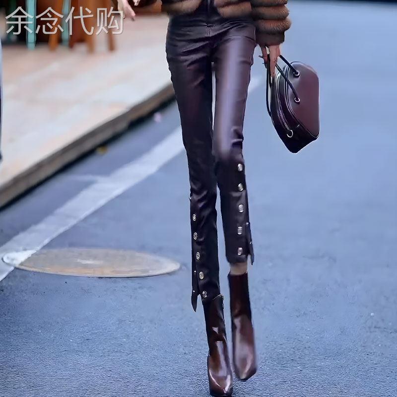 时尚设计感多纽扣不规则皮裤女2026春季新款高腰直筒百搭九分长裤