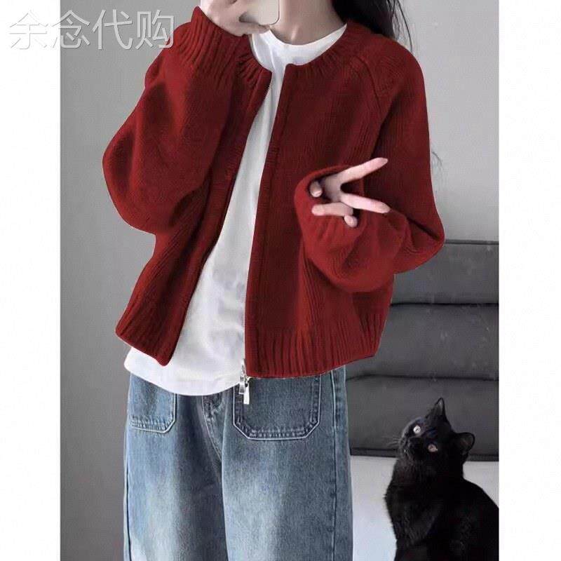 新年红色针织毛衣外套女春秋冬欧货圆领双拉链短款粗针织宽松开衫