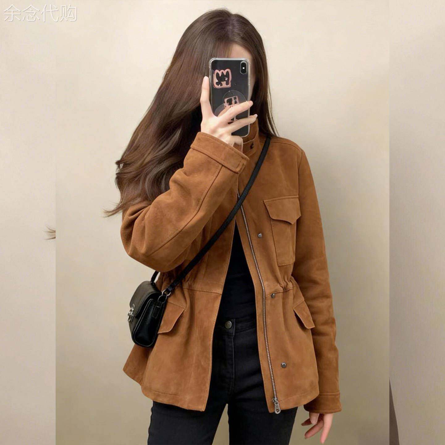 女装2025新款棕色立领中长款加厚巨好看的法式麂皮夹克外套女冬季