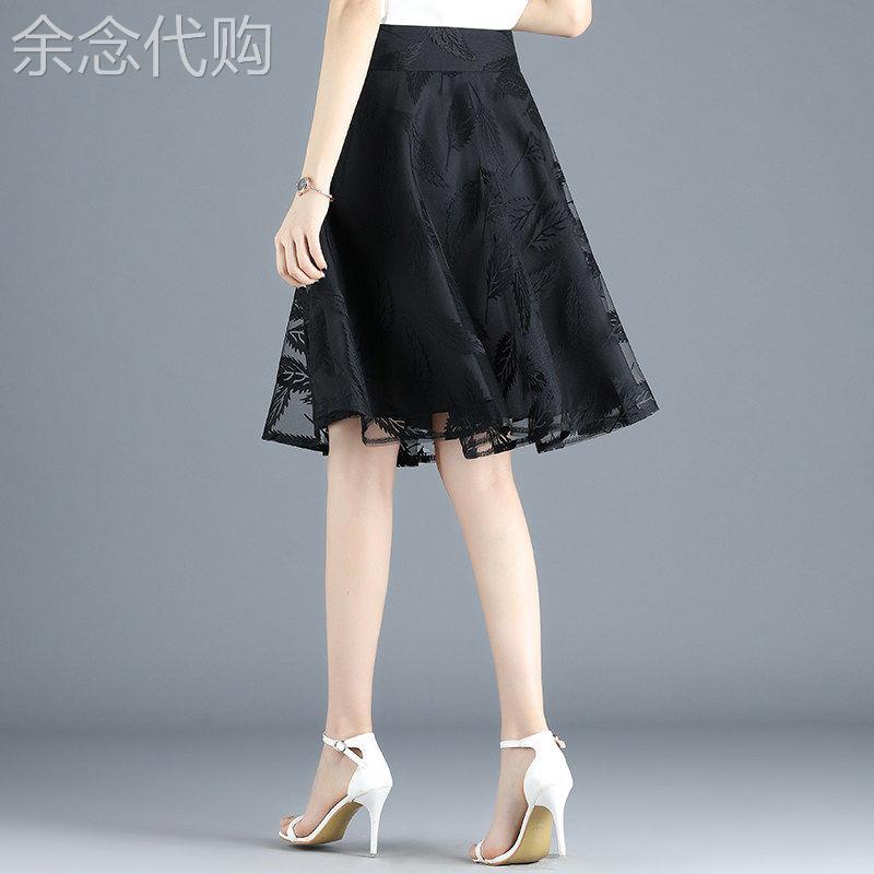 印花网纱a字裙半身裙女夏2025新款高腰显瘦伞裙百褶裙蓬蓬裙短裙