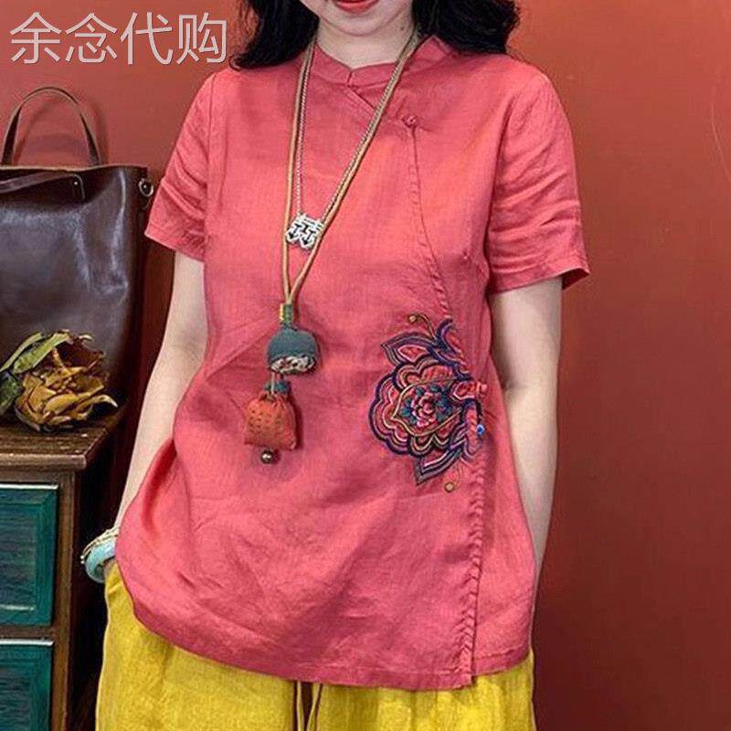 棉麻衬衫女士短袖夏季薄款2025新款唐装中式国风盘扣改良旗袍上衣