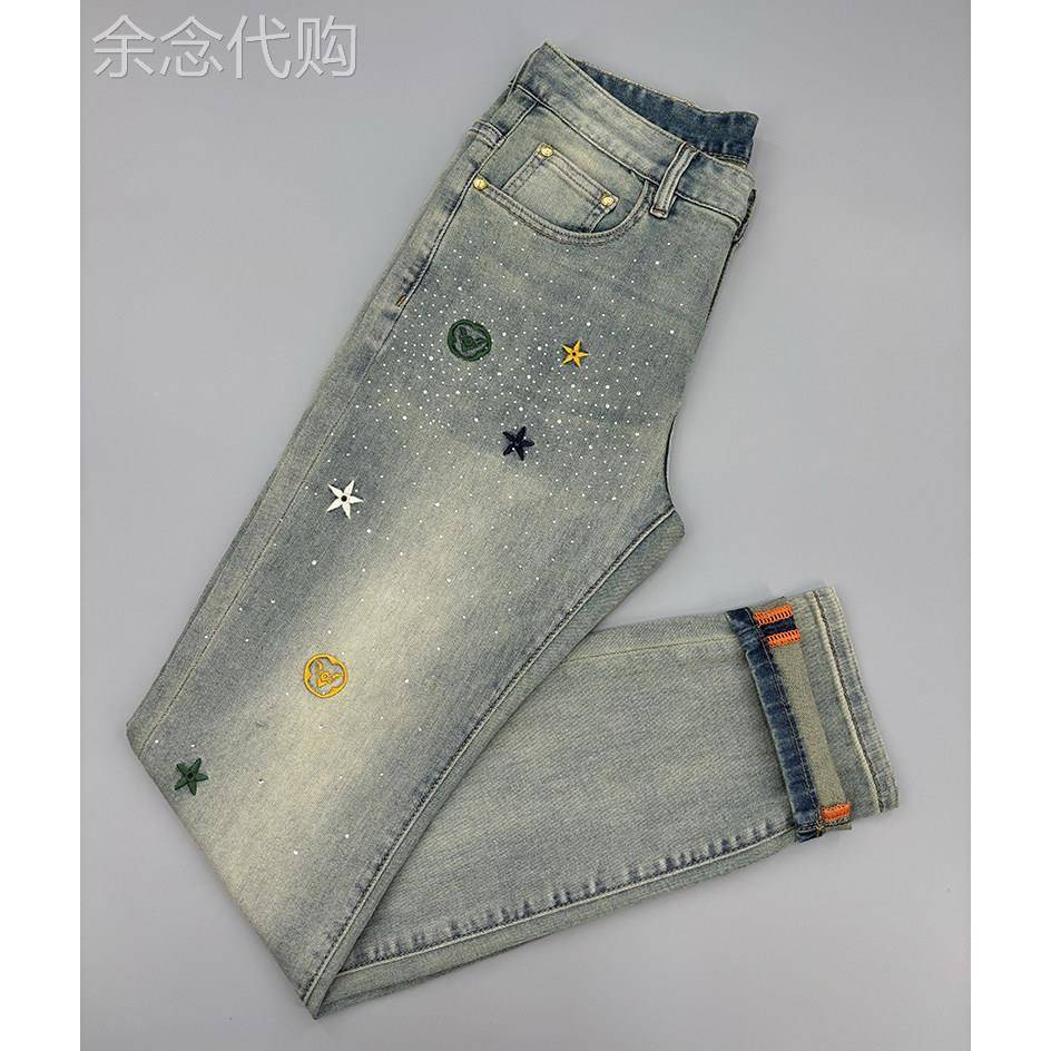 欧洲站烫钻刺绣牛仔裤男夏季薄款修身小脚弹力欧货复古做旧长裤子