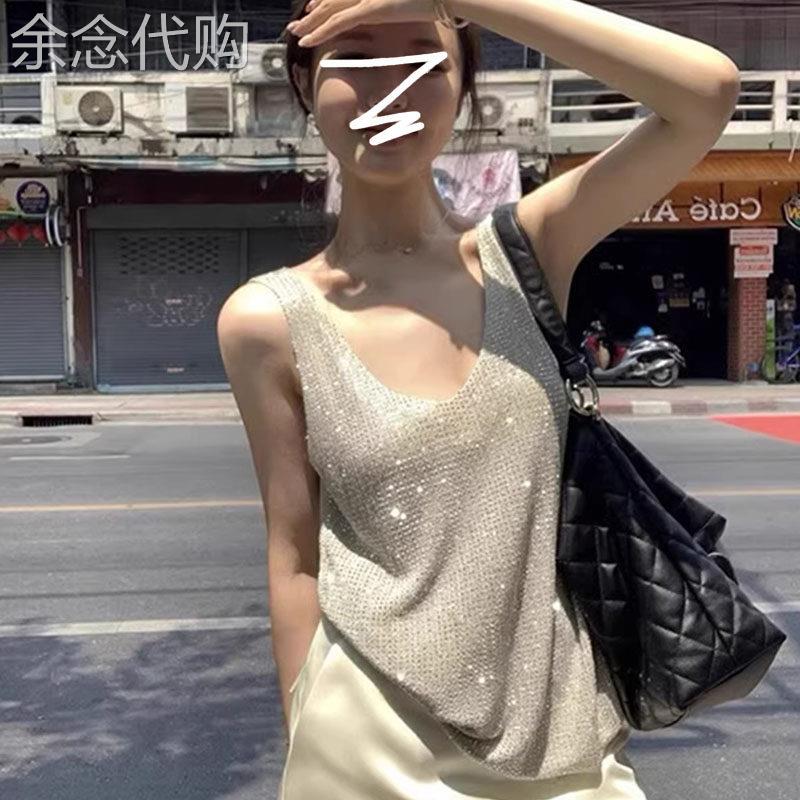 烫钻亮片冰丝V领小吊带背心女士夏季欧货外穿老钱风辣妹无袖上衣