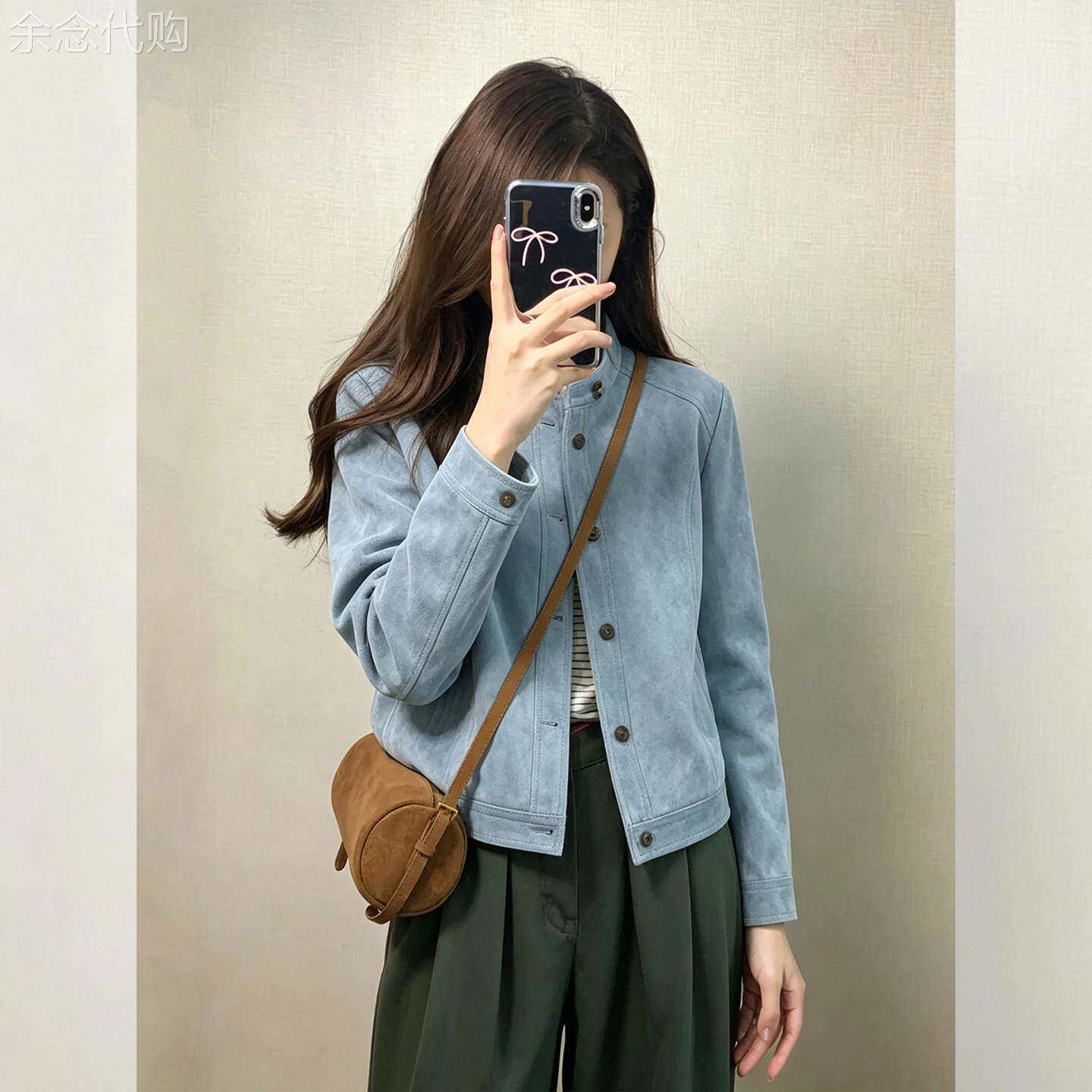 韩系chic别致高端小资蓝色立领机车服小香风短款夹克外套女款秋季