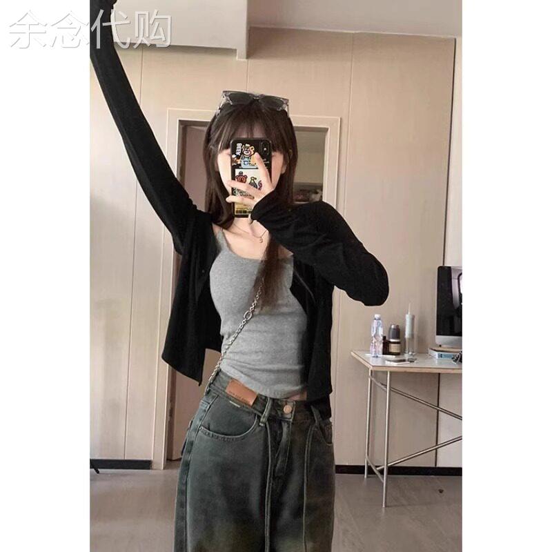 黑色冰丝针织防晒开 衫女2025年新款夏季配吊带裙外搭短款披肩罩