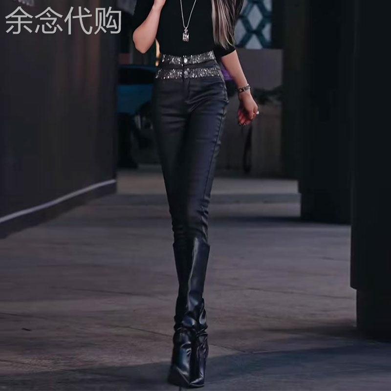镶钻设计黑色高腰弹力皮裤女2026春季新款百搭修身显瘦小脚直筒裤