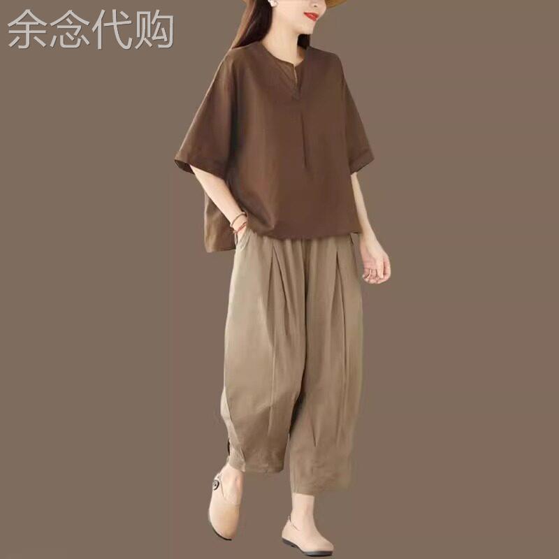 复古文艺棉麻哈伦裤套装女士夏季新款休闲宽松大码女装亚麻两件套