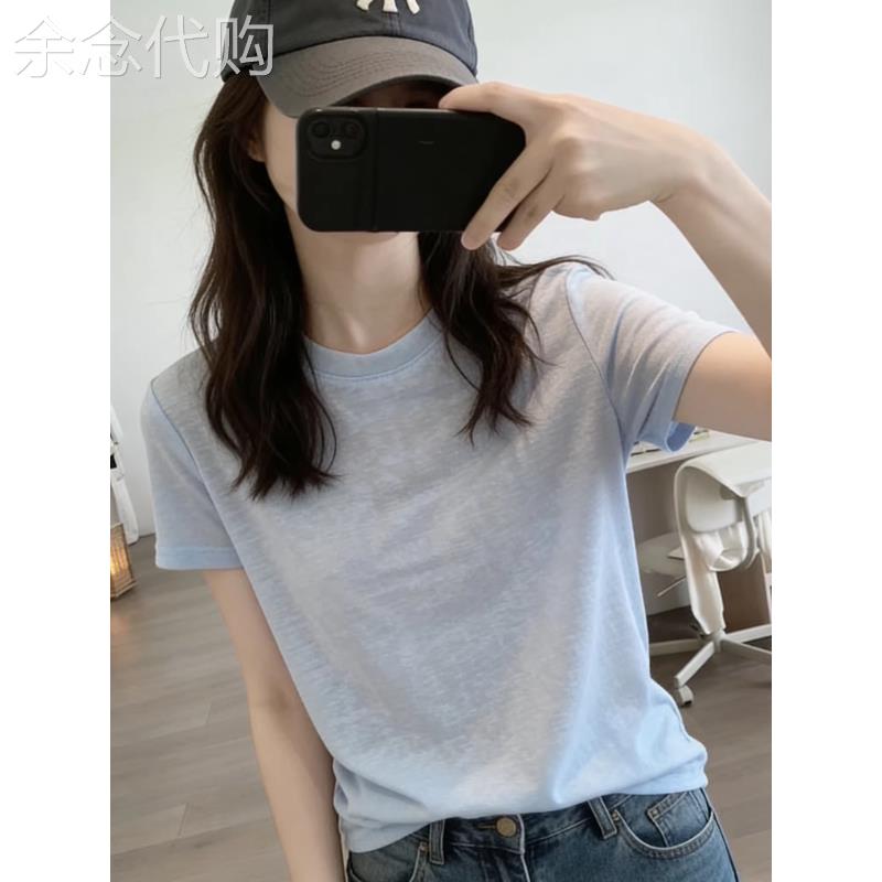 浅蓝色雪花棉圆领短袖T恤女装2026夏季新款宽松薄款显瘦正肩上衣