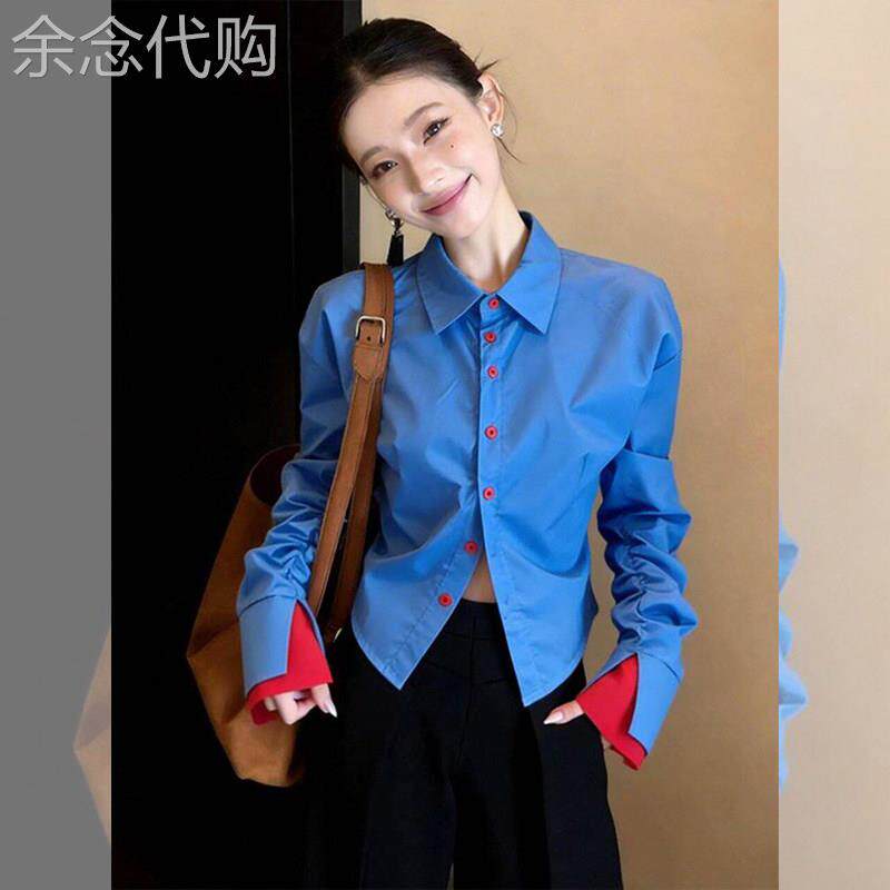 蓝色衬衫女长袖春秋2026新款通勤风撞色收腰显瘦洋气百搭开衫上衣