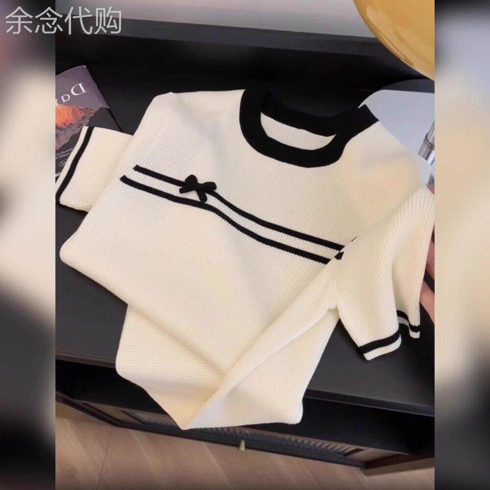 白色蝴蝶结条纹针织冰丝2025夏季新款正肩短袖T恤女爆款别致上衣