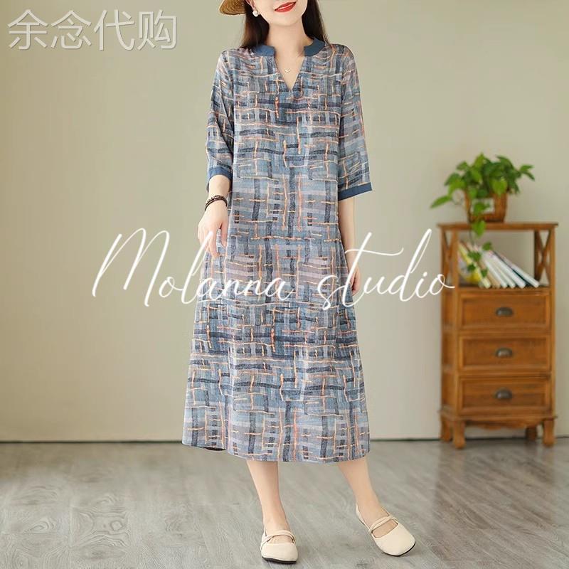 Molanna印花短袖连衣裙女夏季新款宽松大码气质高端复古中长裙子
