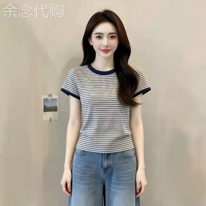 正肩修身条纹短袖T恤女夏新款大尺码显瘦遮肚韩系百搭减龄T恤上衣