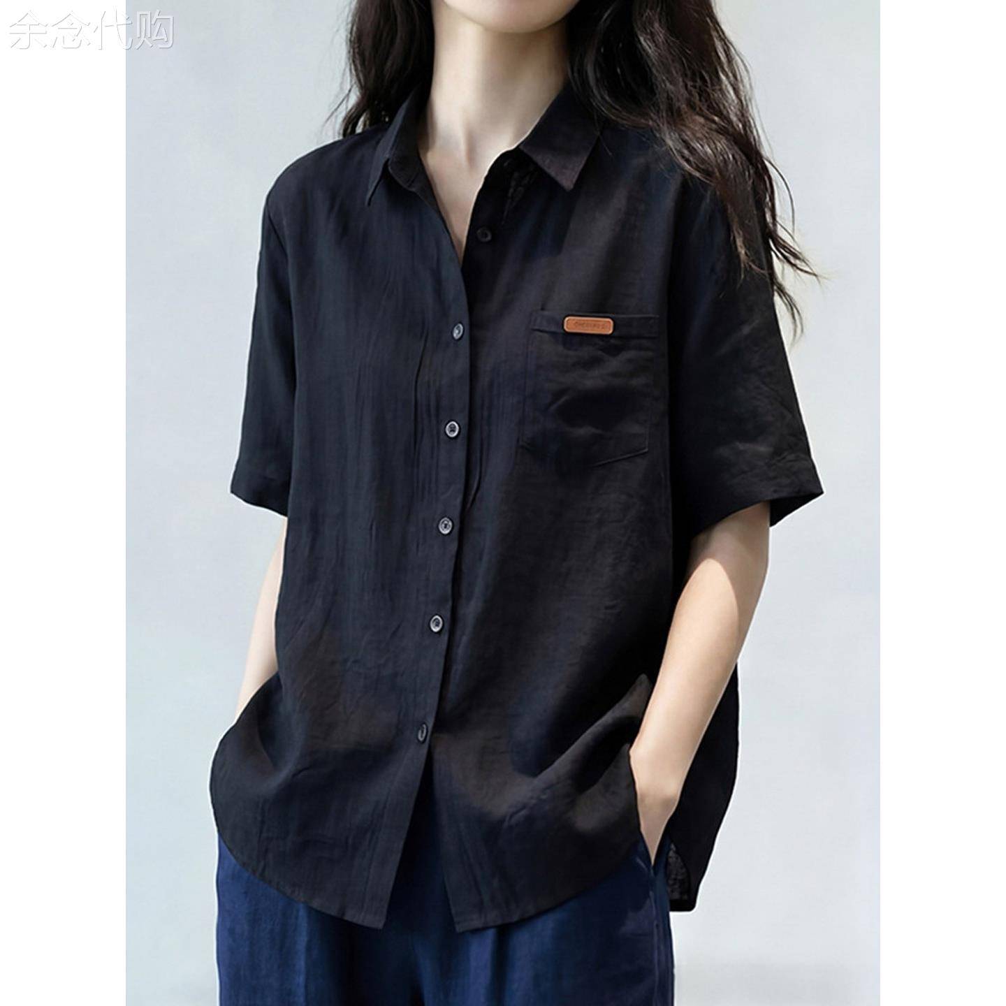 黑色短袖衬衫女夏季2026新款显瘦大码高级感宽松气质百搭翻领上衣
