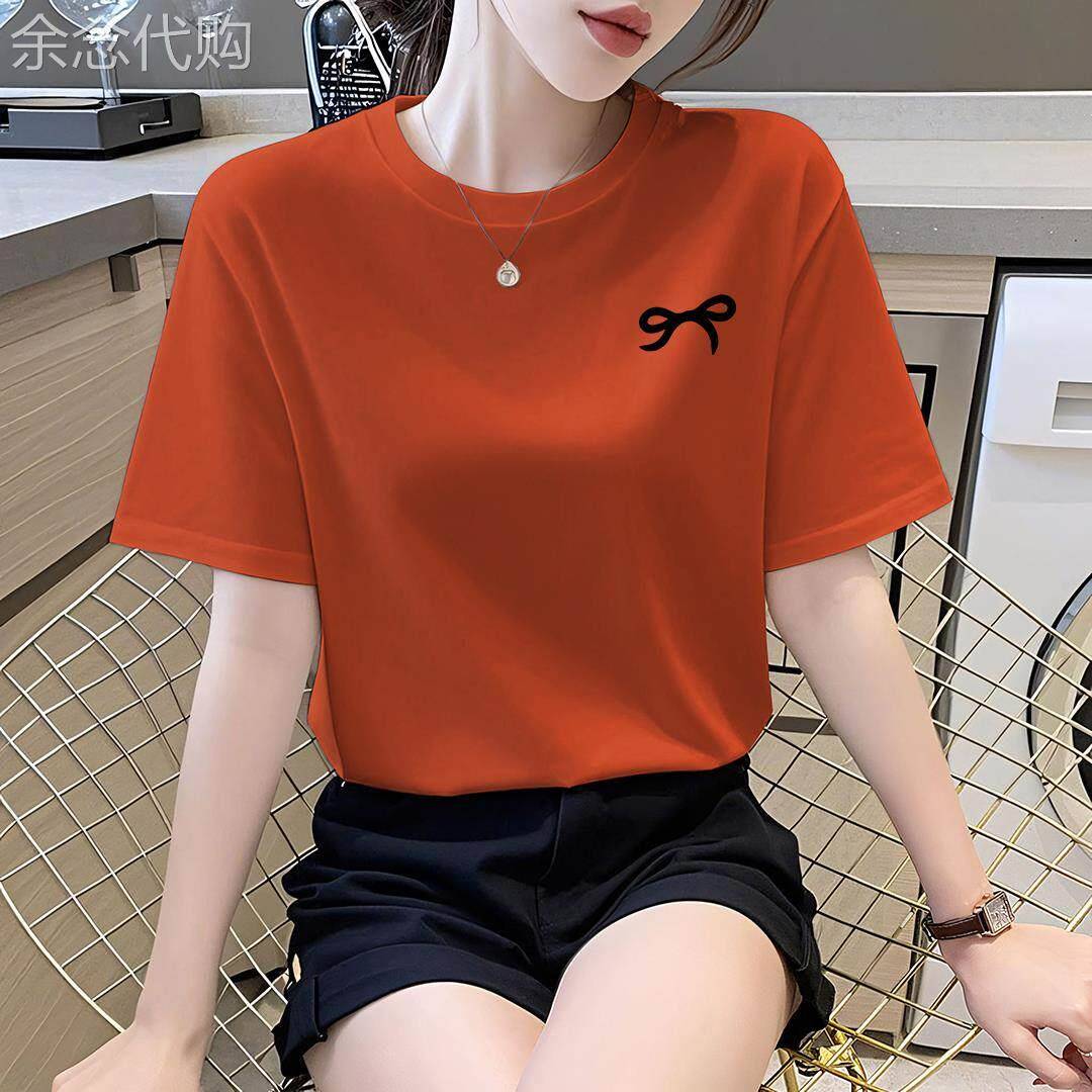 纯棉橘红色短袖t恤女夏装2026年新款时尚宽松休闲慵懒风显瘦上衣