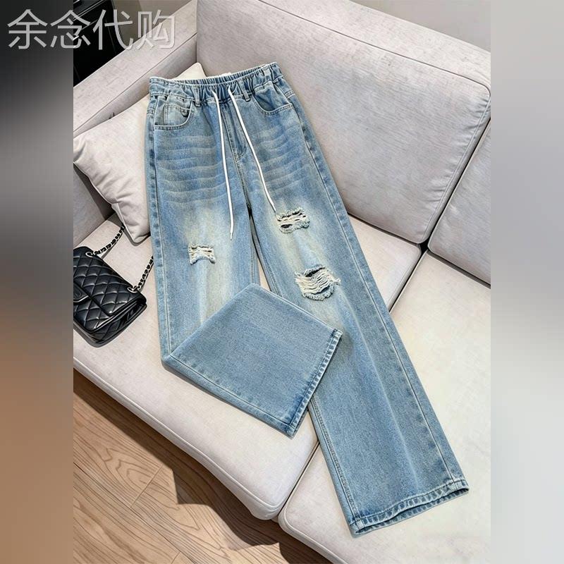 潮牌大尺码复古破洞直筒牛仔裤女夏季新款胖mm松紧腰显瘦宽松阔腿