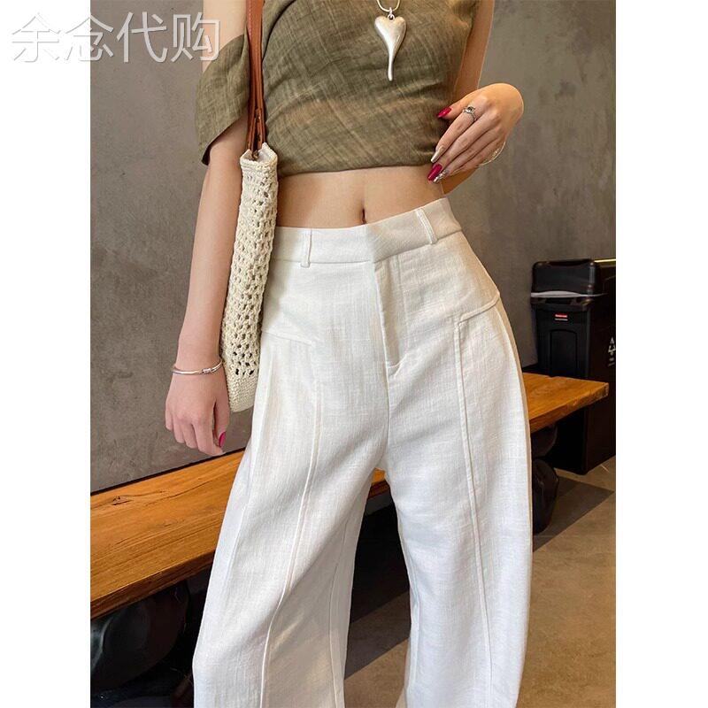 白色阔腿裤女夏薄款2026新款小个子高腰宽松休闲西装亚麻棉麻裤子