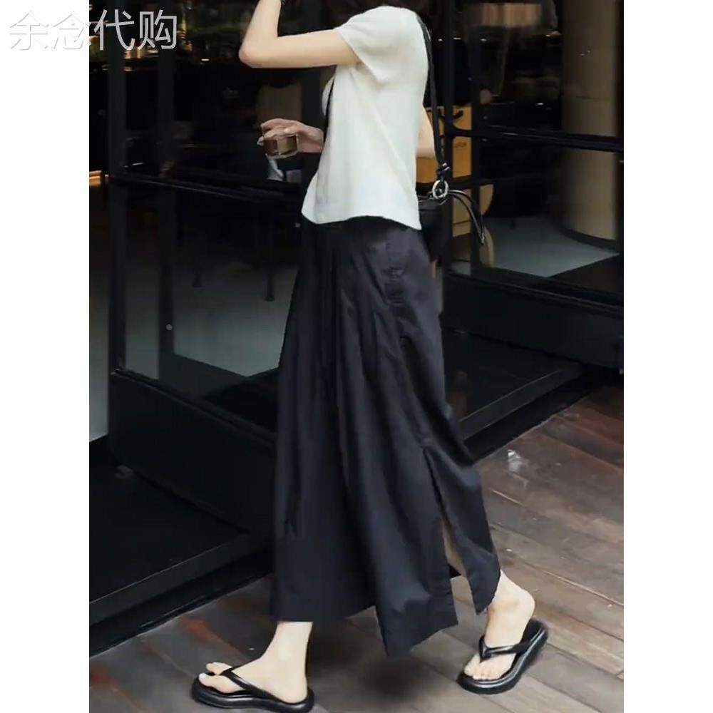 黑色压褶松紧腰宽松百搭裤裙女夏欧货开 叉高腰显瘦八分裤阔休闲