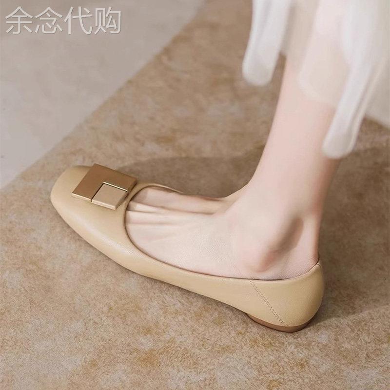 真皮浅口单鞋女春夏2026年新款仙女风豆豆鞋平底钻扣职业工作单鞋