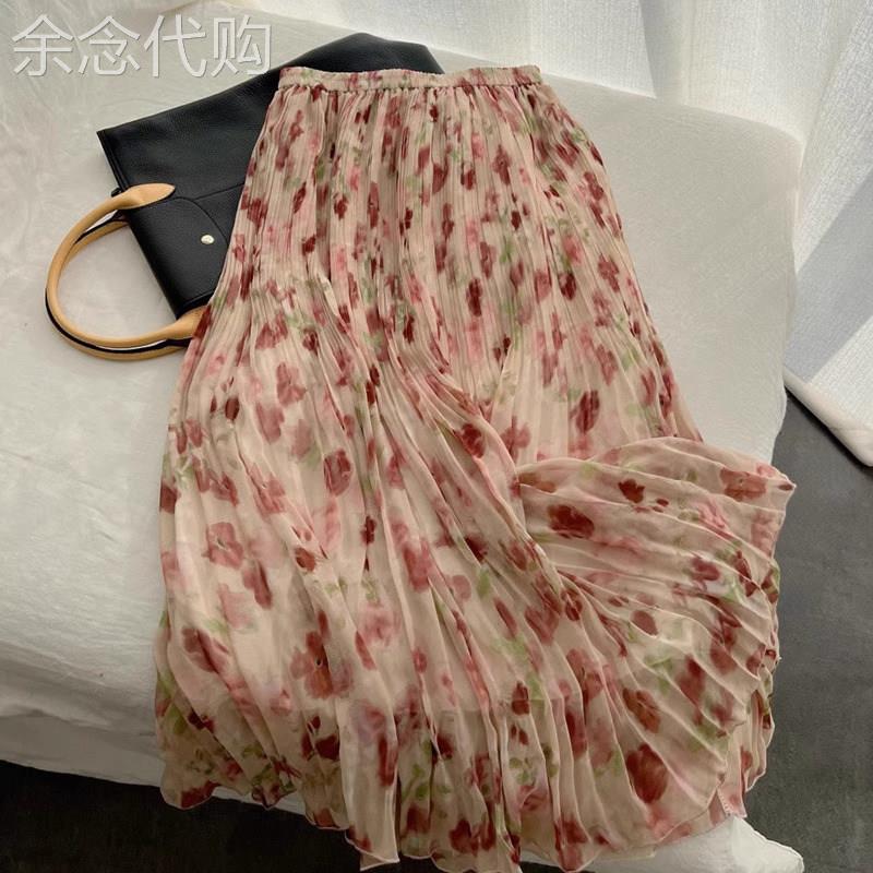 碎花雪纺半身裙女夏季薄款2026新款高腰显瘦a字中长版百褶伞裙子