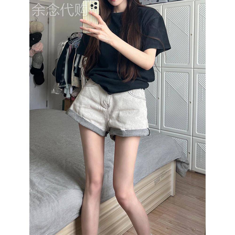 灰白色卷边高腰牛仔短裤女士夏季欧货小个子宽松工装a字阔腿热裤
