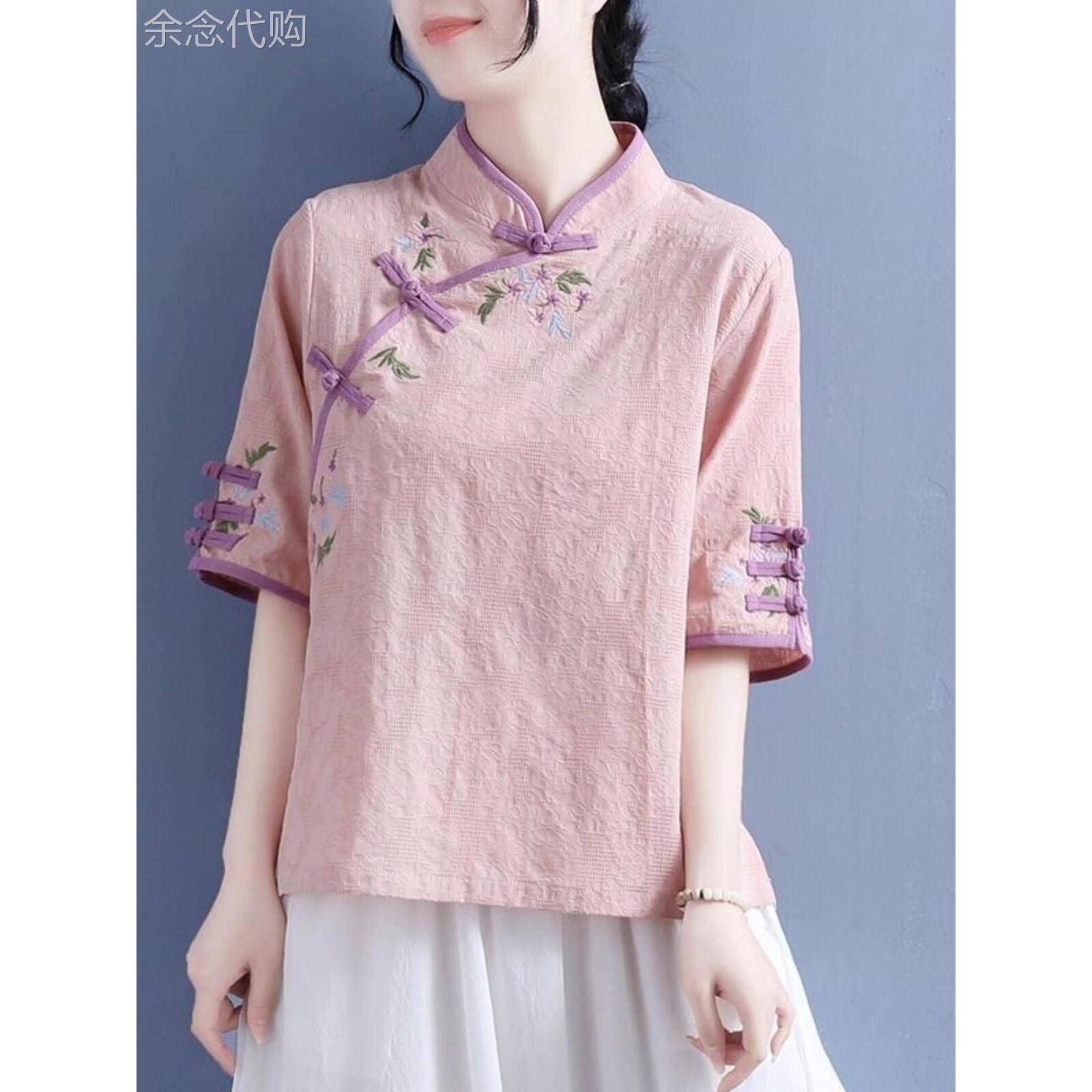 棉麻衬衫女式夏季薄2025新款宽松中国风板扣文艺覆古三分之袖t恤